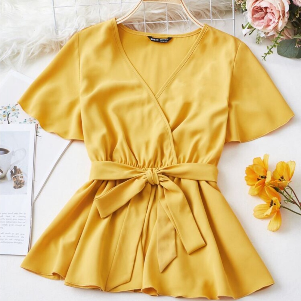 Solid Surplice Front Belted Peplum Blouse